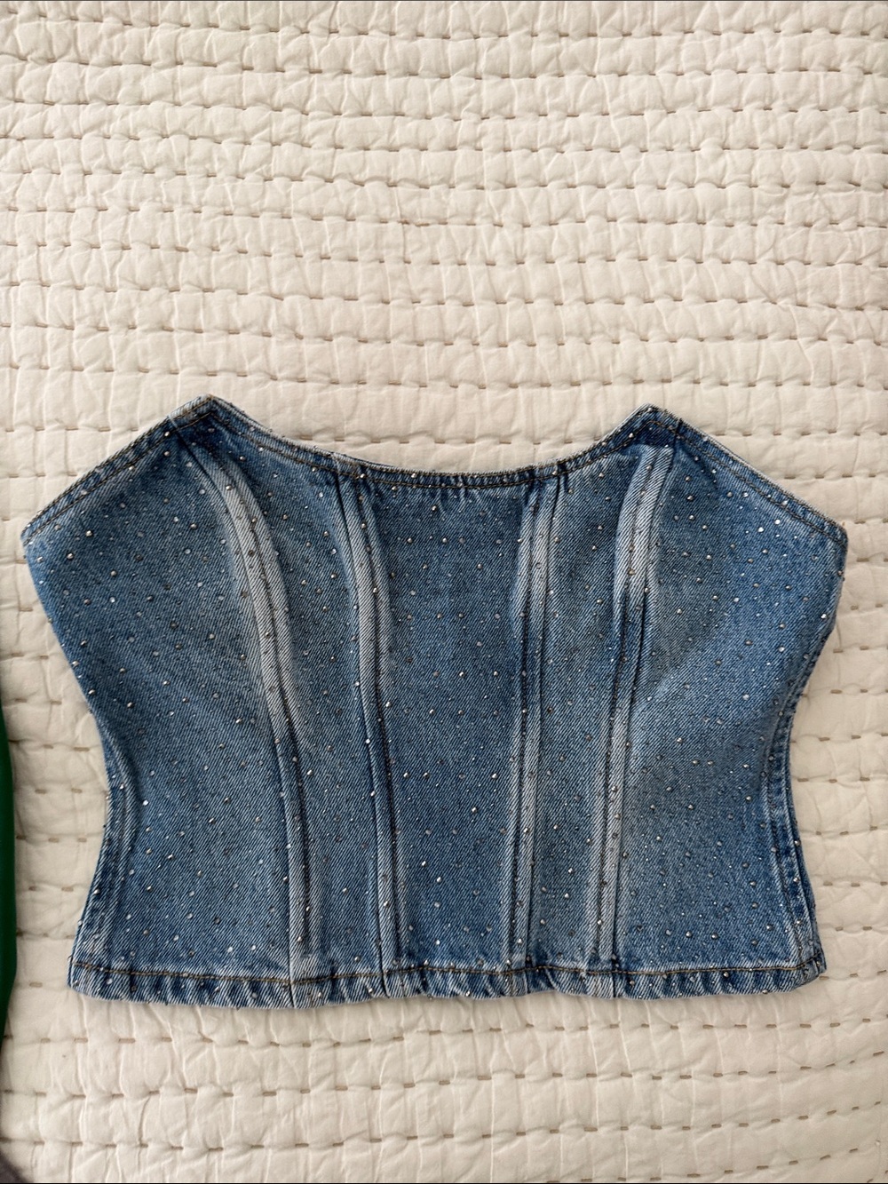 Rhinestone-Embellished Denim Corset Tube Top - Blue